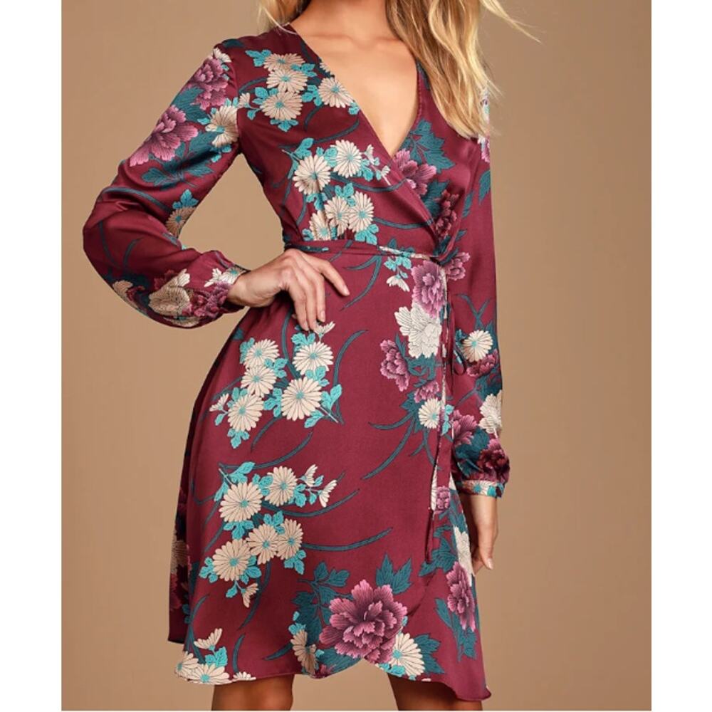 Lulu's Plum Floral Wrap Dress with Teal Accents